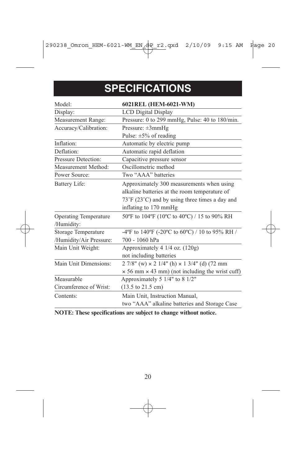 Specifications | ReliOn 6021REL User Manual | Page 20 / 44