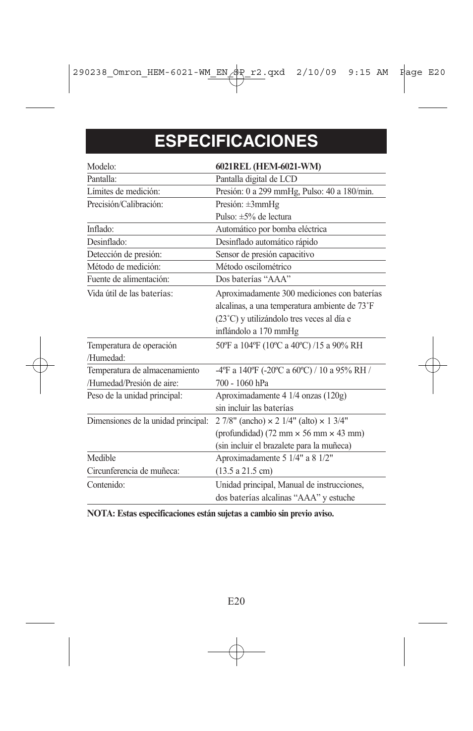 Especificaciones | ReliOn 6021REL User Manual | Page 42 / 44