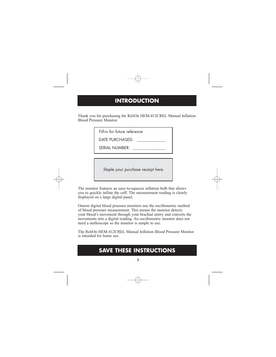 Introduction, Save these instructions | ReliOn HEM-412CREL User Manual | Page 3 / 24