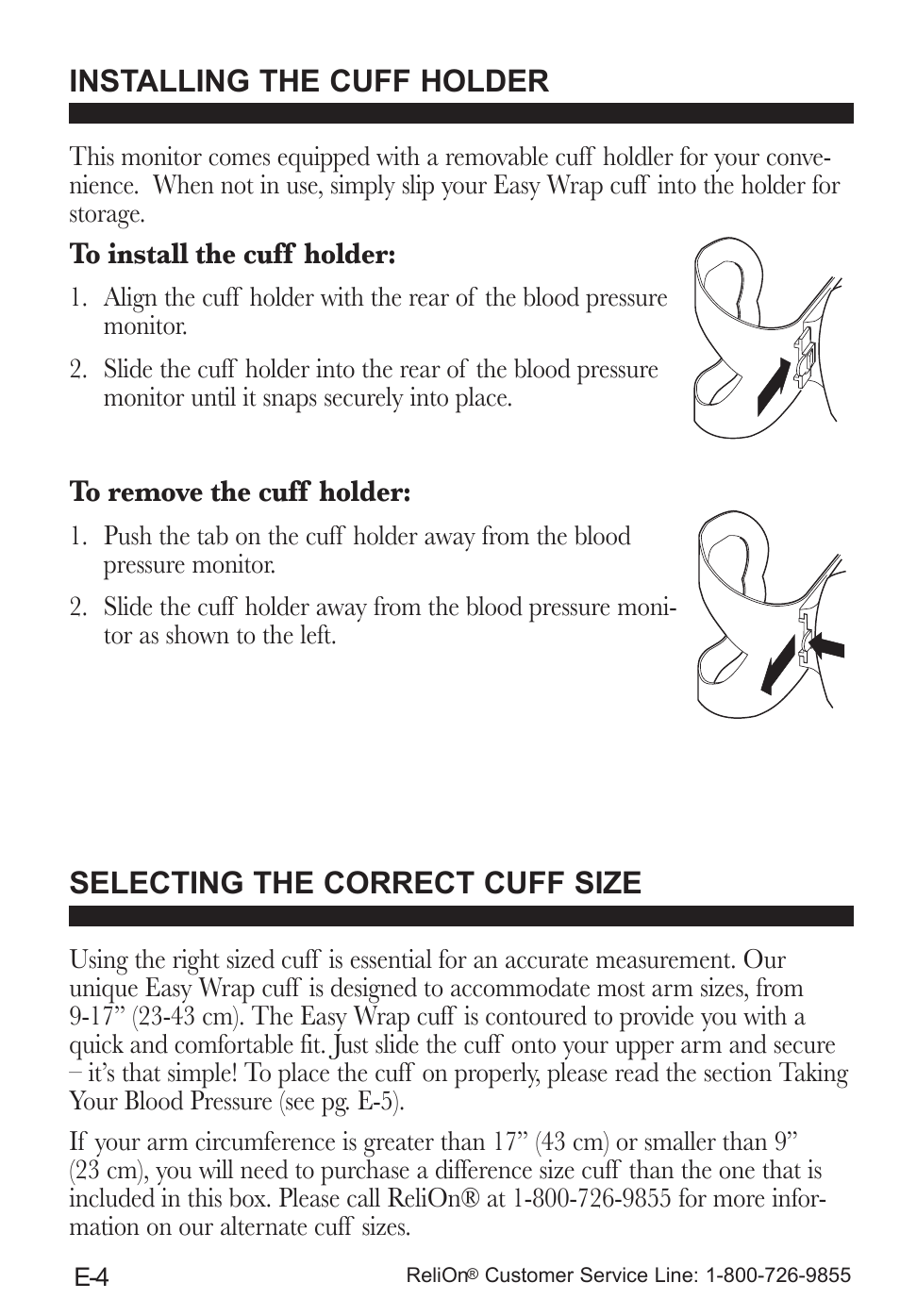 Installing the cuff holder, Selecting the correct cuff size | ReliOn UA-787REL User Manual | Page 10 / 64