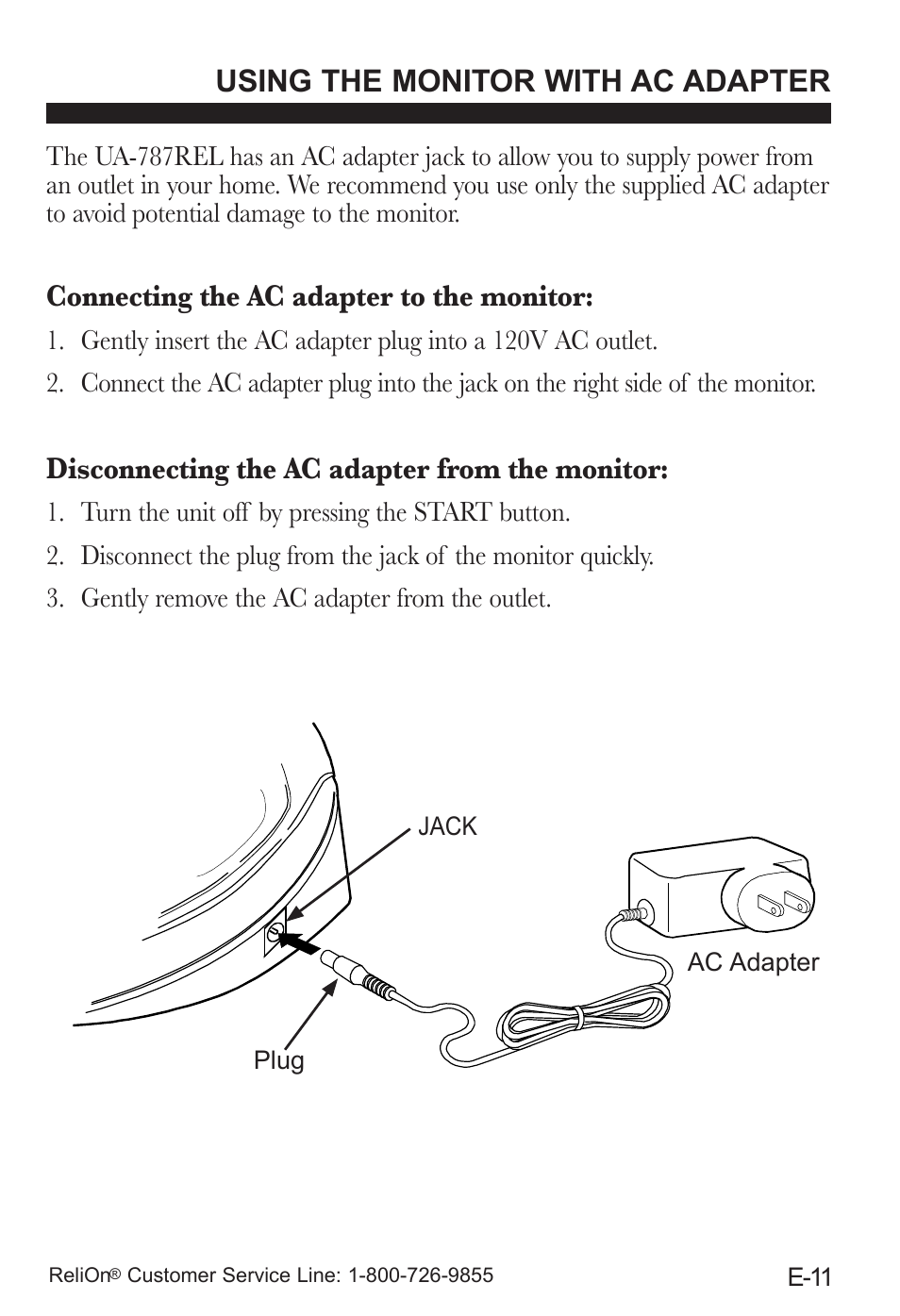 Using the monitor with ac adapter, Connecting the ac adapter to the monitor, Disconnecting the ac adapter from the monitor | ReliOn UA-787REL User Manual | Page 17 / 64