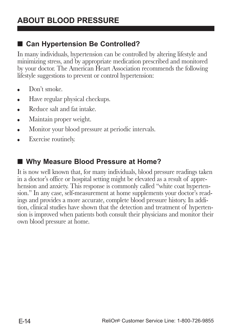 About blood pressure, Have regular physical checkups, Reduce salt and fat intake | Maintain proper weight, Monitor your blood pressure at periodic intervals, Exercise routinely, E-14 | ReliOn UA-787REL User Manual | Page 20 / 64