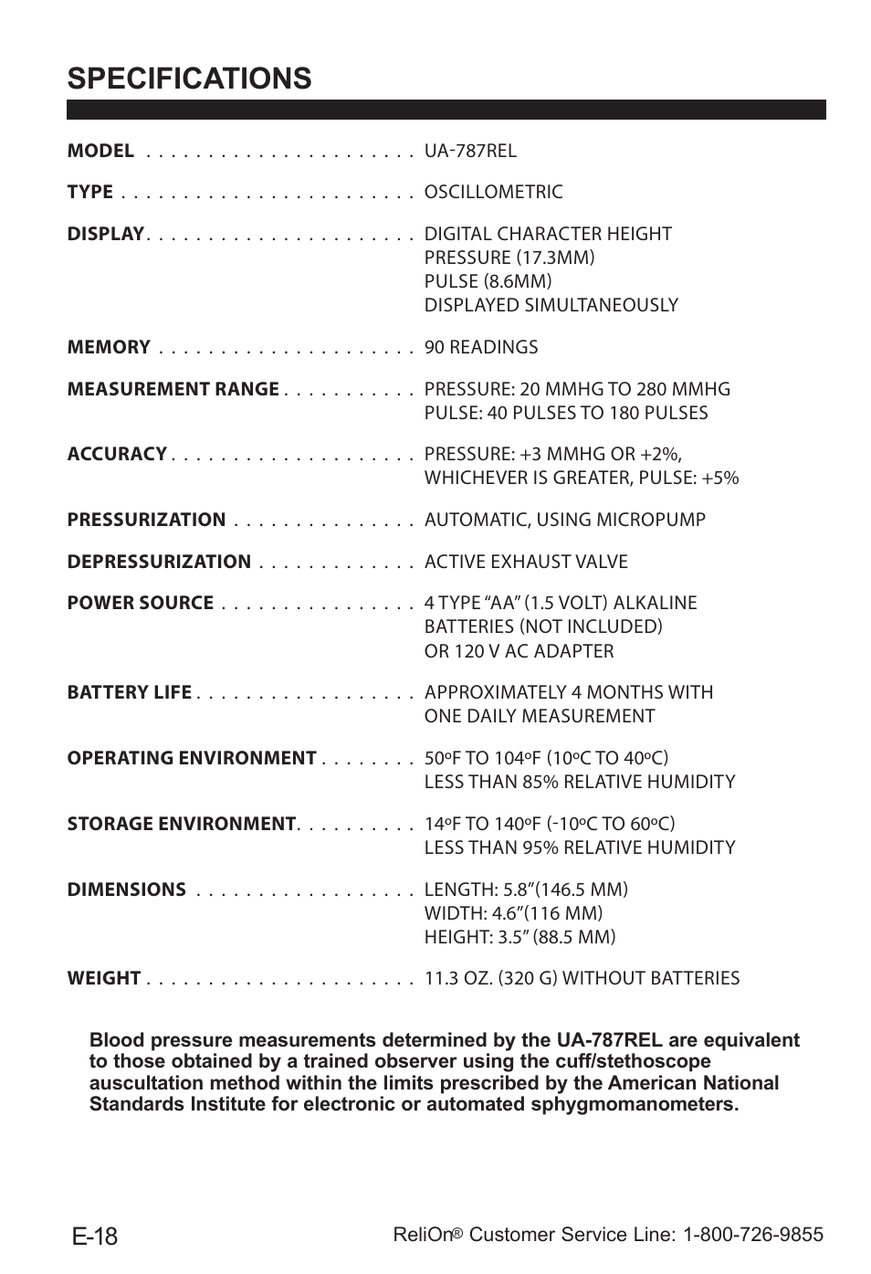 Specifications, E-18 | ReliOn UA-787REL User Manual | Page 24 / 64