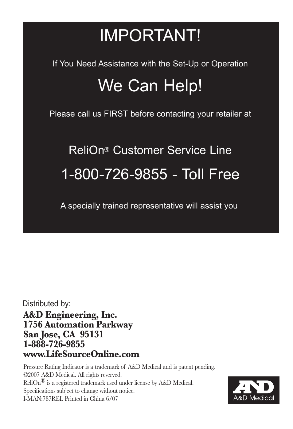 Important, We can help, Relion | Customer service line | ReliOn UA-787REL User Manual | Page 32 / 64