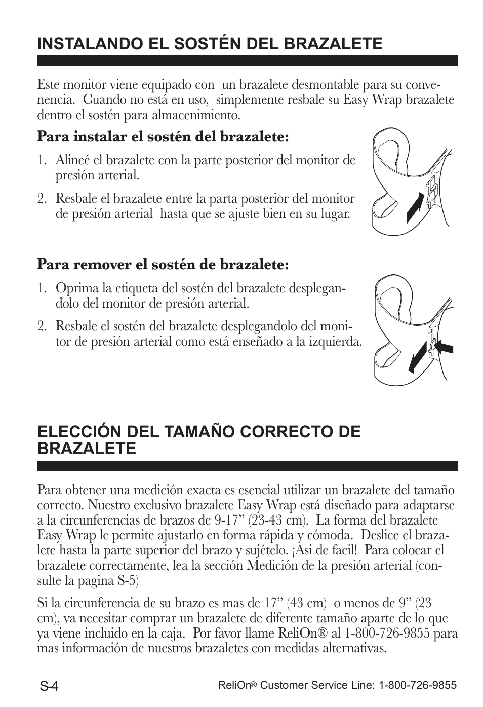 Instalando el sostén del brazalete, Para instalar el sostén del brazalete, Elección del tamaño correcto de brazalete | Para remover el sostén de brazalete | ReliOn UA-787REL User Manual | Page 42 / 64