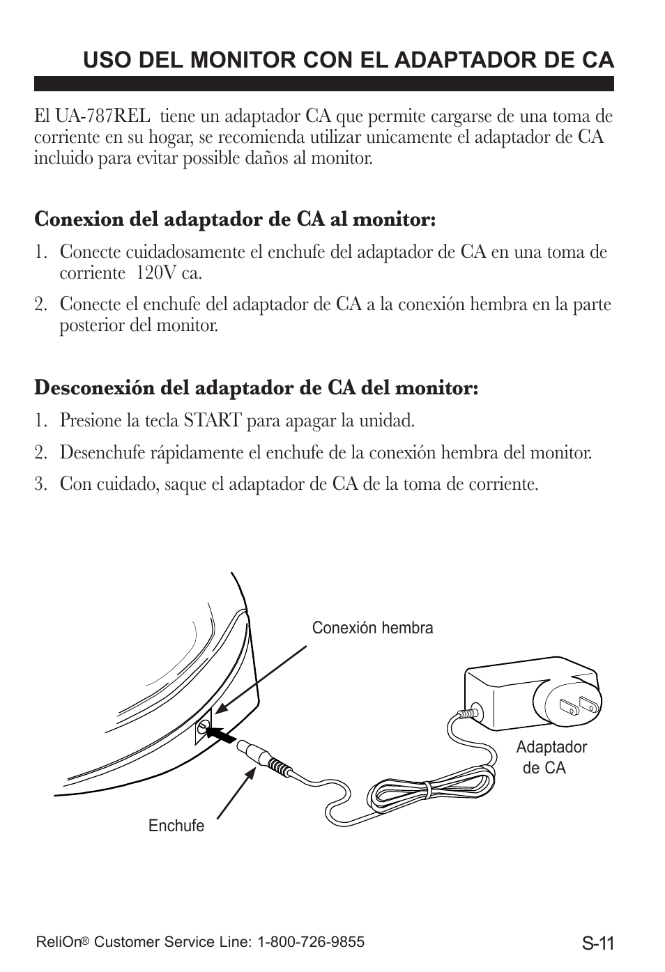 Uso del monitor con el adaptador de ca, Conexion del adaptador de ca al monitor, Desconexión del adaptador de ca del monitor | ReliOn UA-787REL User Manual | Page 49 / 64