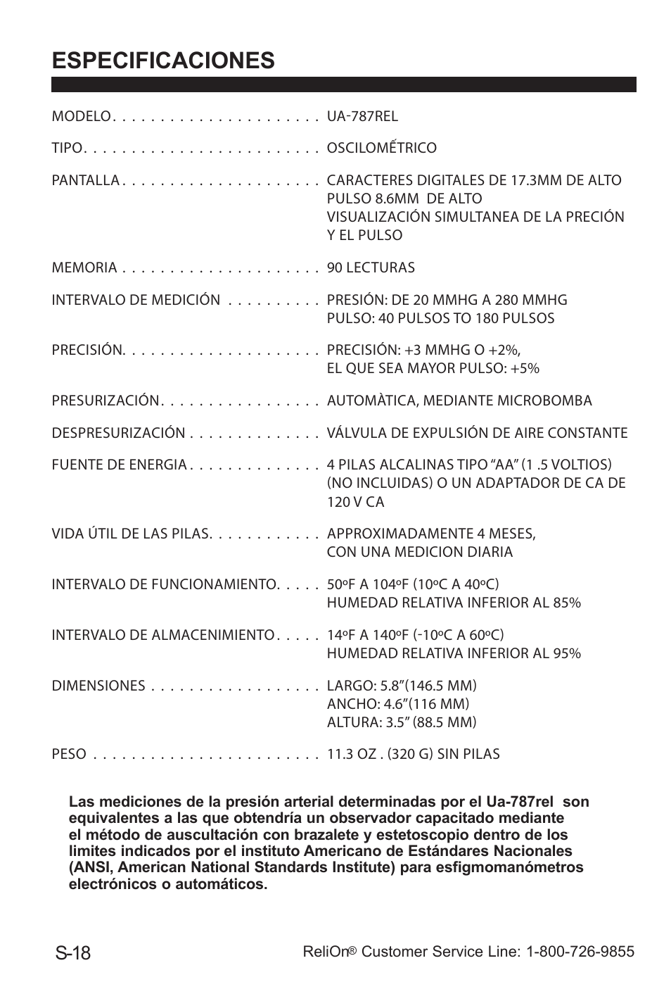 Especificaciones, S-18 | ReliOn UA-787REL User Manual | Page 56 / 64