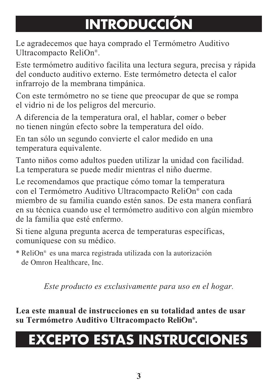 Title, Introducción, Excepto estas instrucciones | ReliOn Ultra COmpact Ear Thermometer 510REL User Manual | Page 15 / 24