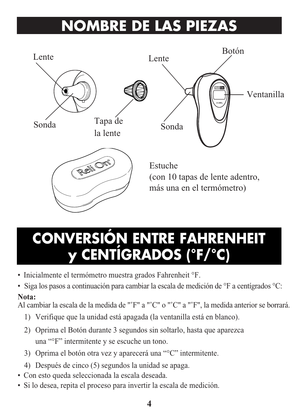 Title, Nombre de las piezas, Conversión entre fahrenheit y centígrados (°f/°c) | ReliOn Ultra COmpact Ear Thermometer 510REL User Manual | Page 16 / 24