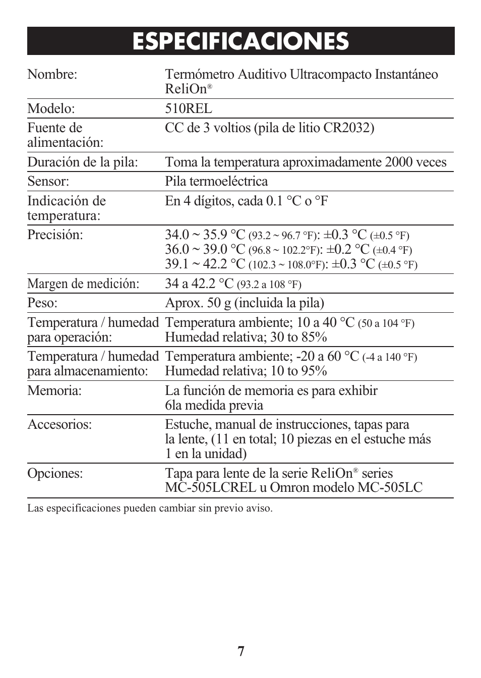 Title, Especificaciones | ReliOn Ultra COmpact Ear Thermometer 510REL User Manual | Page 19 / 24