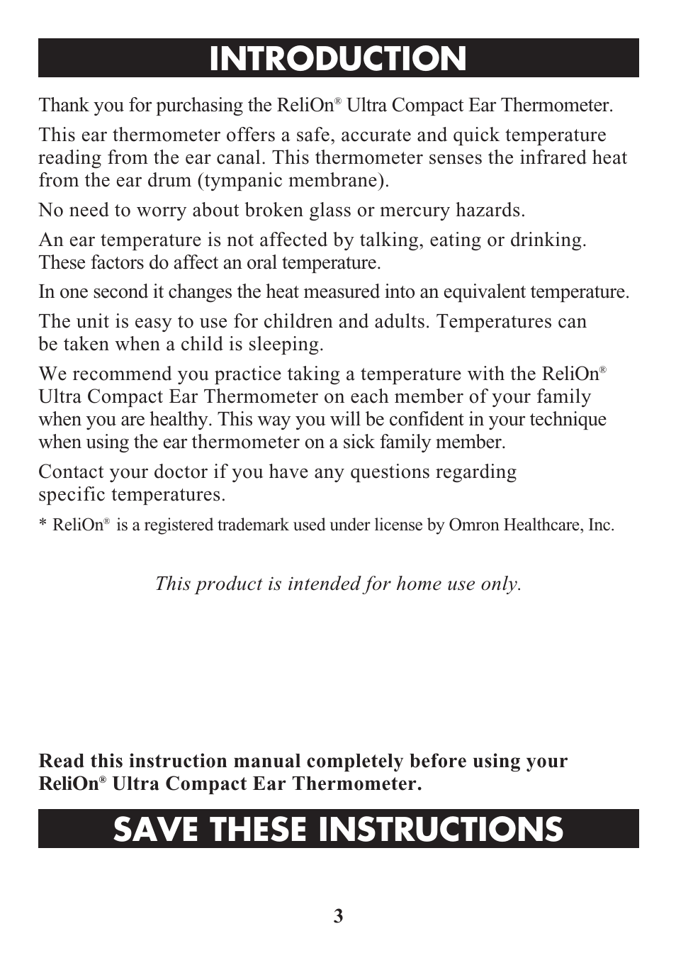 Introduction, Save these instructions | ReliOn Ultra COmpact Ear Thermometer 510REL User Manual | Page 3 / 24