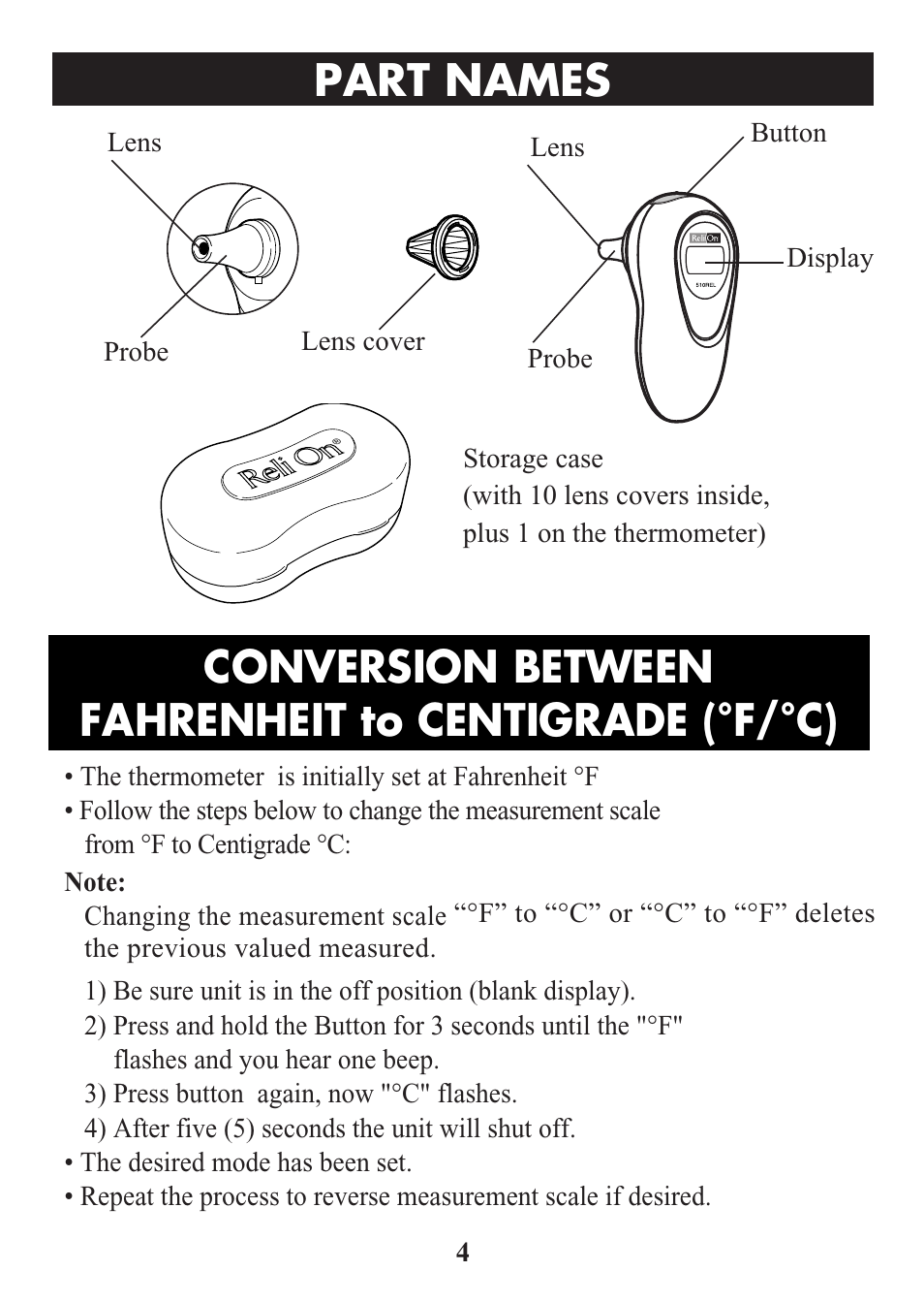 Title, Part names | ReliOn Ultra COmpact Ear Thermometer 510REL User Manual | Page 4 / 24
