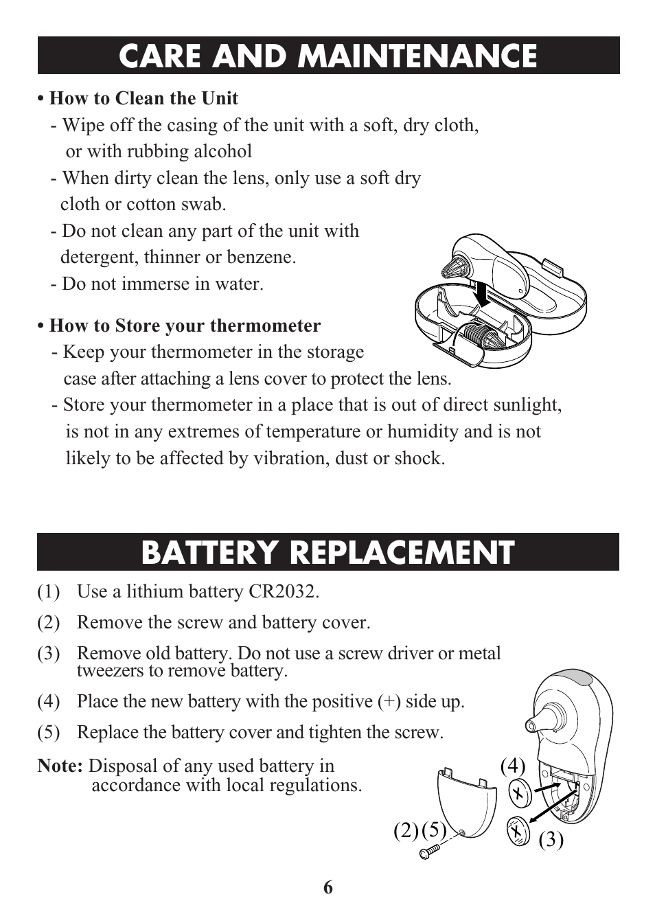 Title, Battery replacement, Care and maintenance | ReliOn Ultra COmpact Ear Thermometer 510REL User Manual | Page 6 / 24