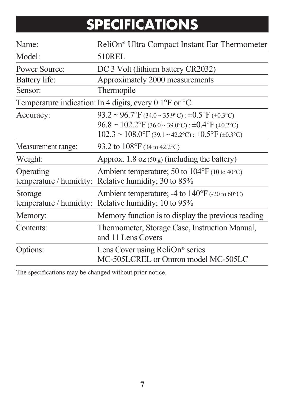 Title, Specifications | ReliOn Ultra COmpact Ear Thermometer 510REL User Manual | Page 7 / 24