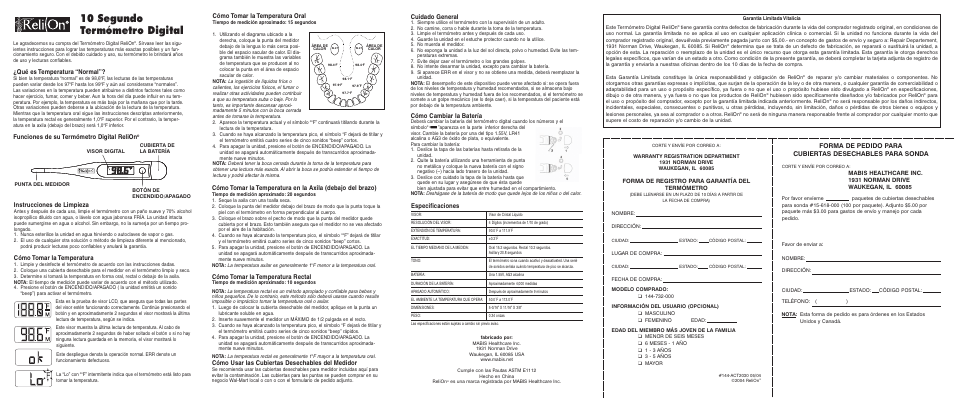 10 segundo termómetro digital, Especificaciones, Cómo tomar la temperatura oral | Instrucciones de limpieza, Cómo tomar la temperatura, Qué es temperatura “normal, Funciones de su termómetro digital relion, Cómo tomar la temperatura rectal, Cuidado general, Cómo cambiar la batería | ReliOn K 144-732-000 User Manual | Page 2 / 2