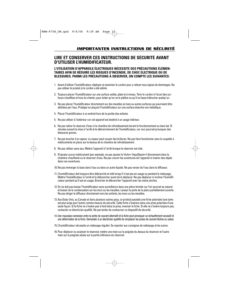 Importantes instructions de sécurité | ReliOn RWM-975N User Manual | Page 12 / 30