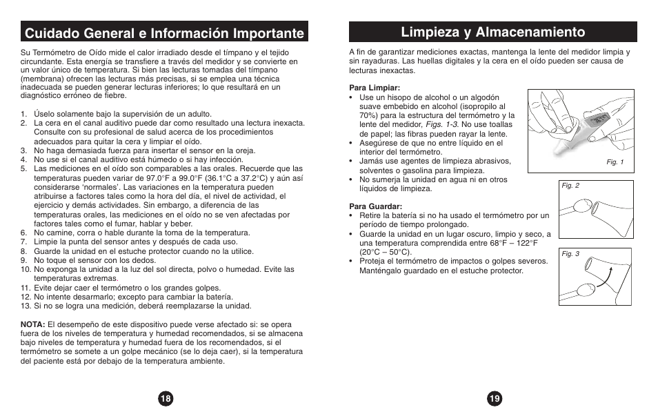 Cuidado general e información importante, Limpieza y almacenamiento | ReliOn Thermometer User Manual | Page 10 / 13