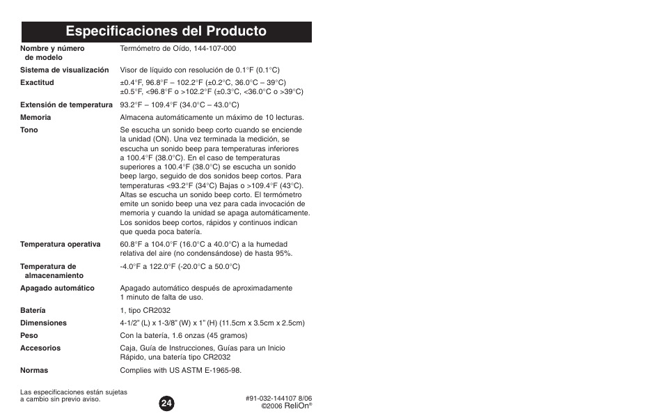 Especificaciones del producto | ReliOn Thermometer User Manual | Page 13 / 13