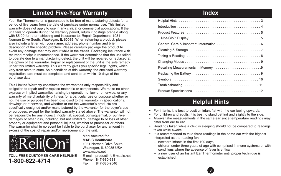 Index, Helpful hints, Limited five-year warranty | ReliOn Thermometer User Manual | Page 2 / 13