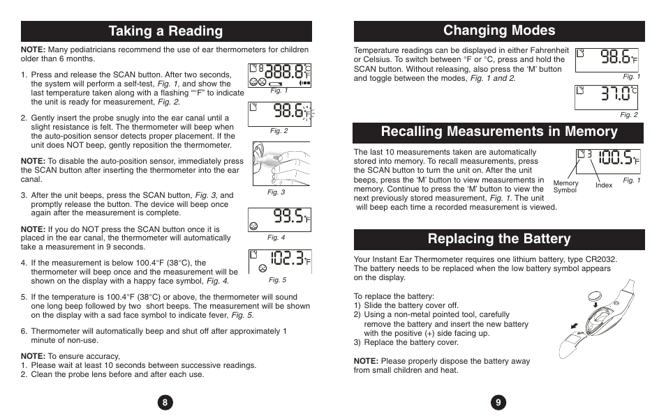 Taking a reading, Changing modes, Replacing the battery | ReliOn Thermometer User Manual | Page 5 / 13