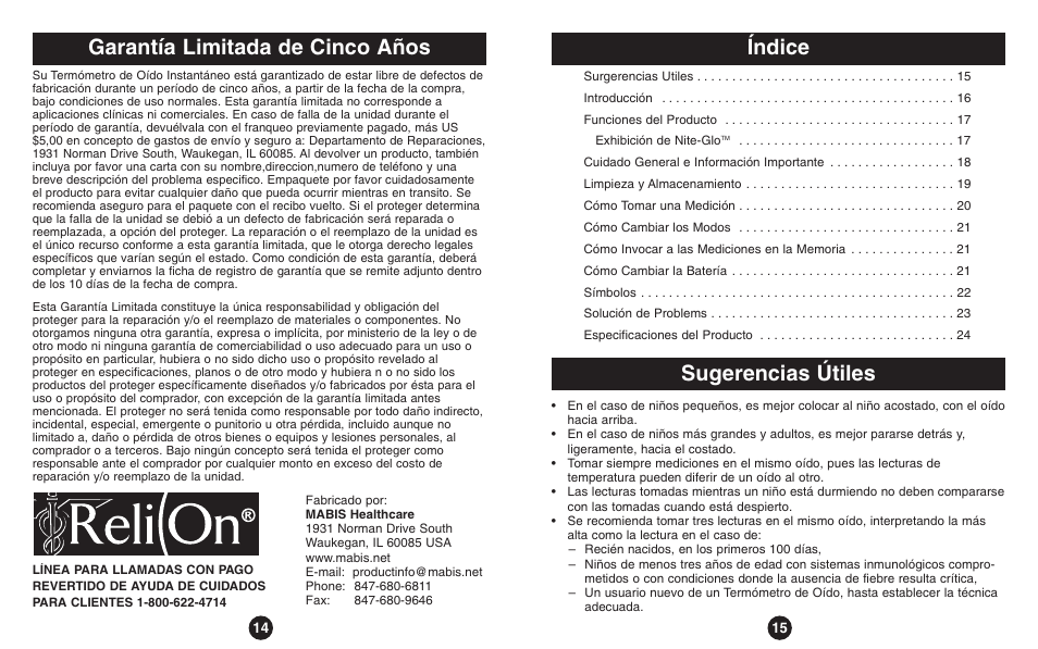 Garantía limitada de cinco años, Índice, Sugerencias útiles | ReliOn Thermometer User Manual | Page 8 / 13