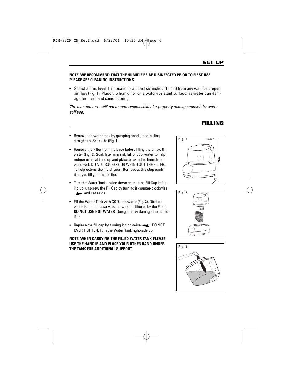 Set up, Filling | ReliOn RCM-832N User Manual | Page 4 / 10