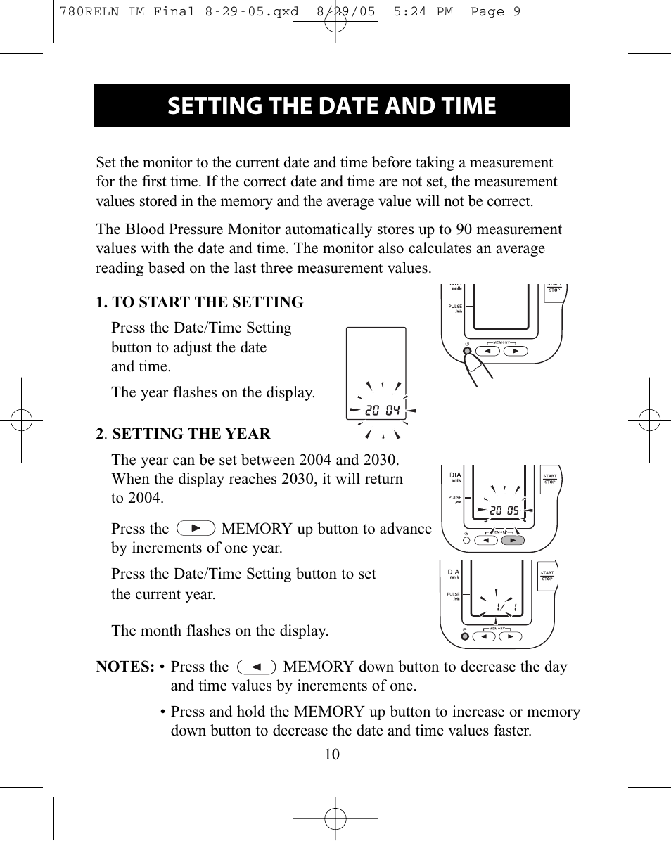 Setting the date and time | ReliOn HEM-780REL User Manual | Page 10 / 56