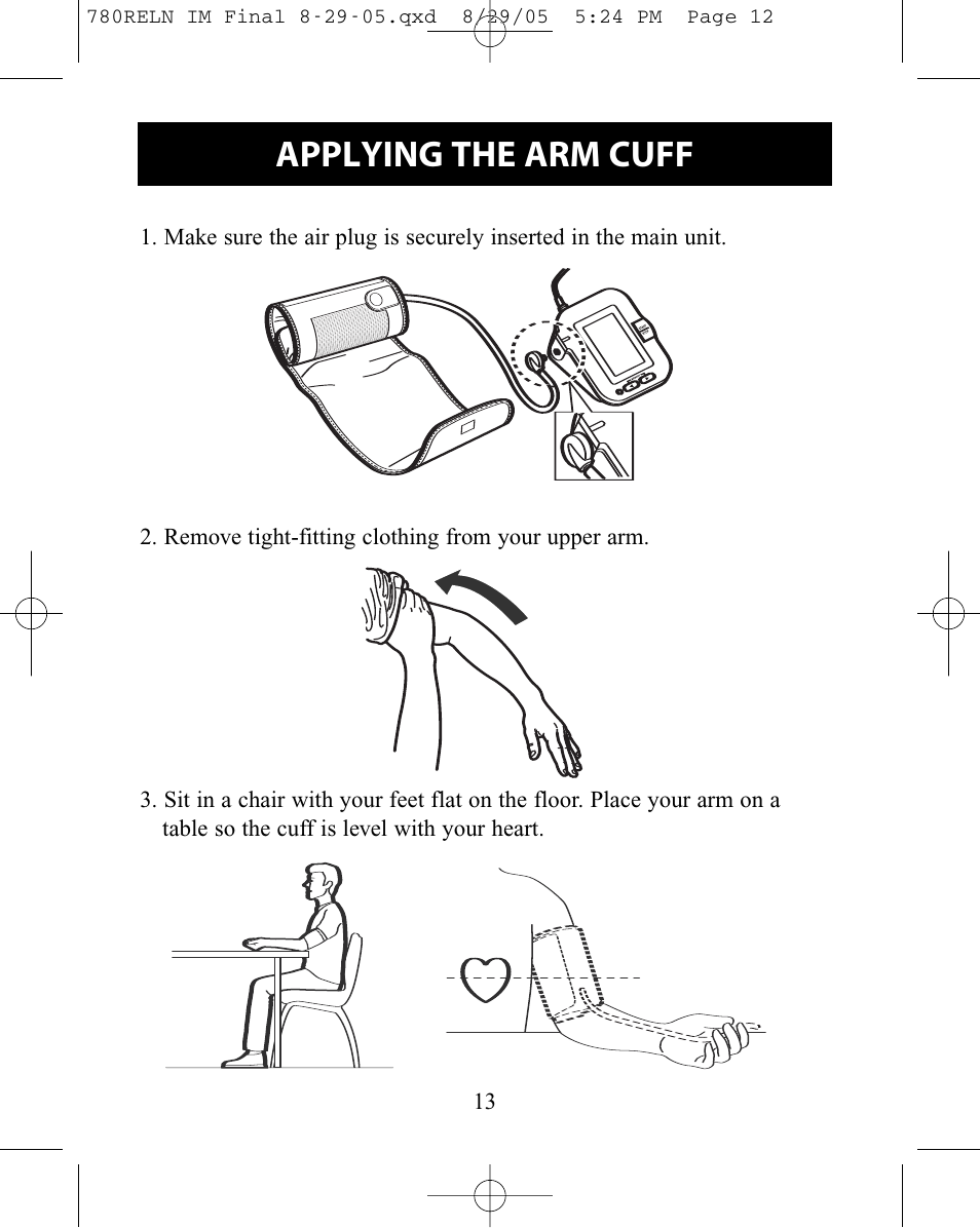 Applying the arm cuff | ReliOn HEM-780REL User Manual | Page 13 / 56