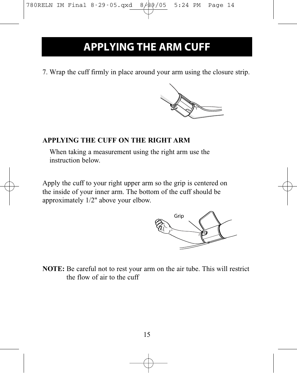 Applying the arm cuff | ReliOn HEM-780REL User Manual | Page 15 / 56