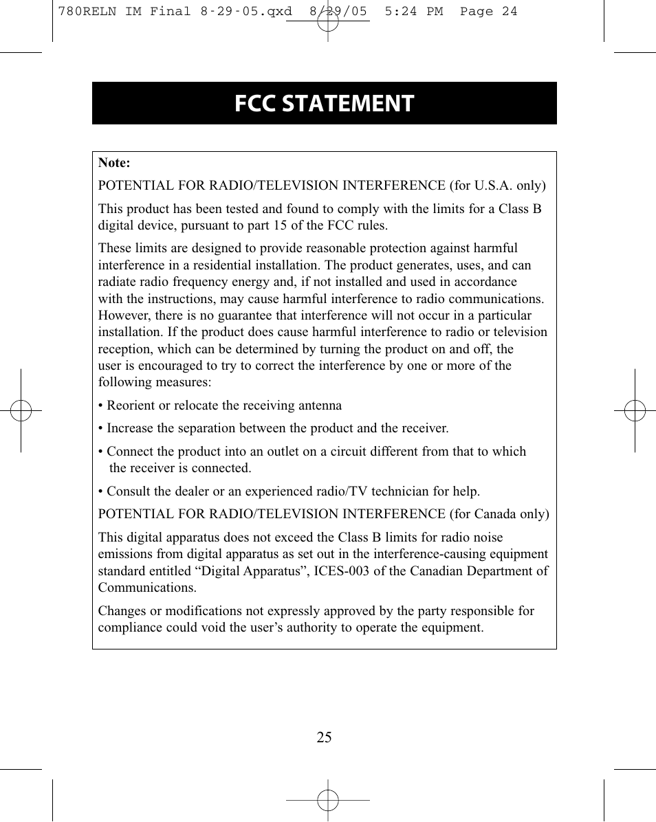 Fcc statement | ReliOn HEM-780REL User Manual | Page 25 / 56