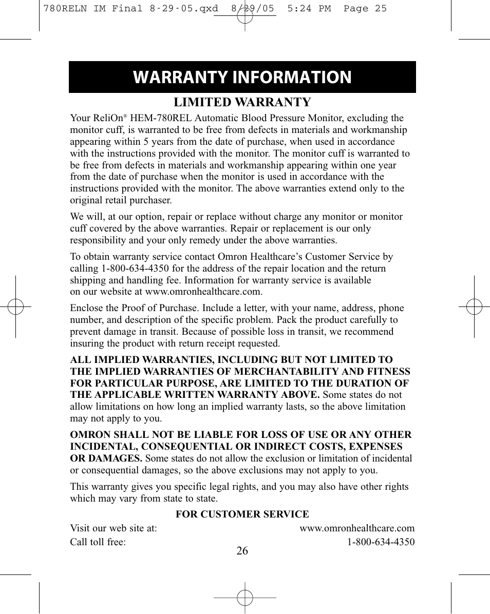 Warranty information, Limited warranty | ReliOn HEM-780REL User Manual | Page 26 / 56