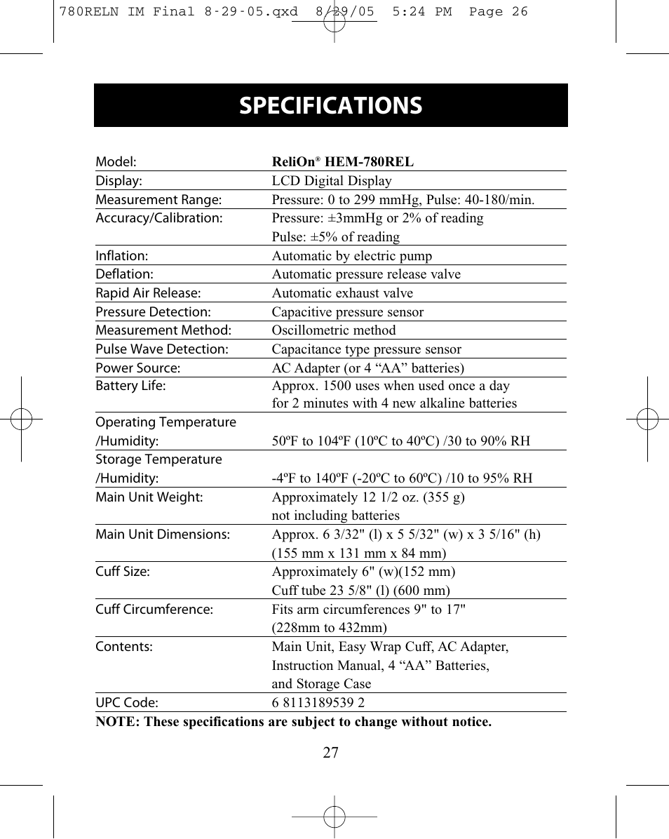 Specifications | ReliOn HEM-780REL User Manual | Page 27 / 56