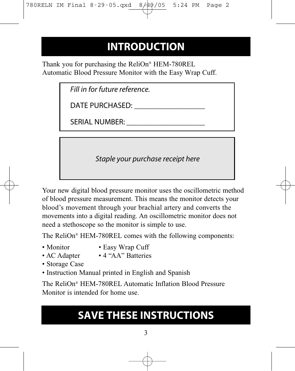 Introduction, Save these instructions | ReliOn HEM-780REL User Manual | Page 3 / 56
