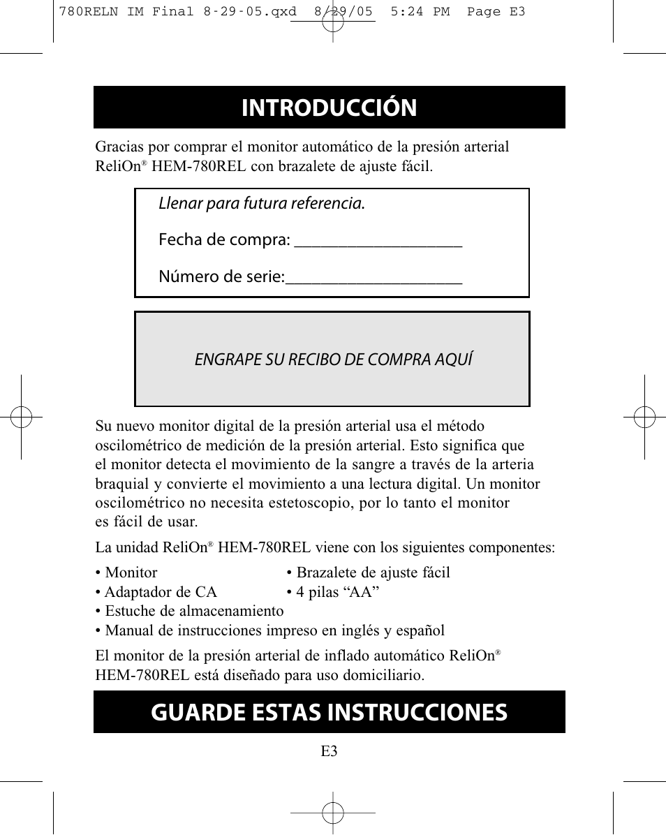 Introducción, Guarde estas instrucciones | ReliOn HEM-780REL User Manual | Page 31 / 56