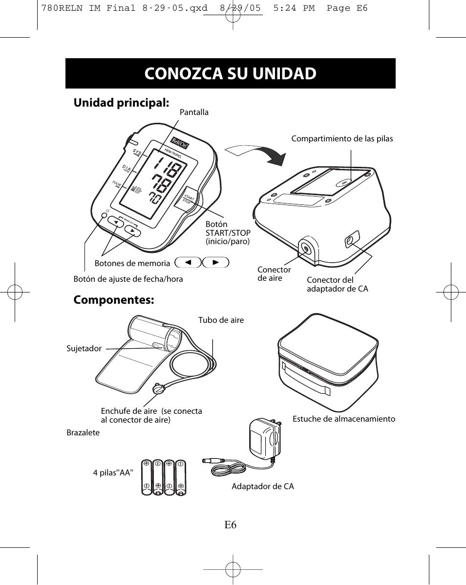 Conozca su unidad, Unidad principal, Componentes | ReliOn HEM-780REL User Manual | Page 34 / 56