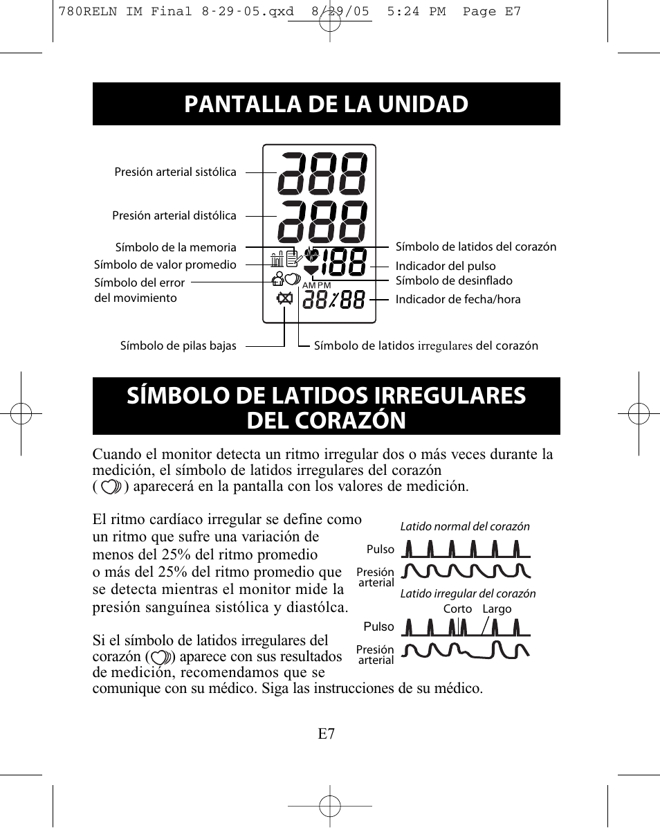 Pantalla de la unidad, Símbolo de latidos irregulares del corazón | ReliOn HEM-780REL User Manual | Page 35 / 56