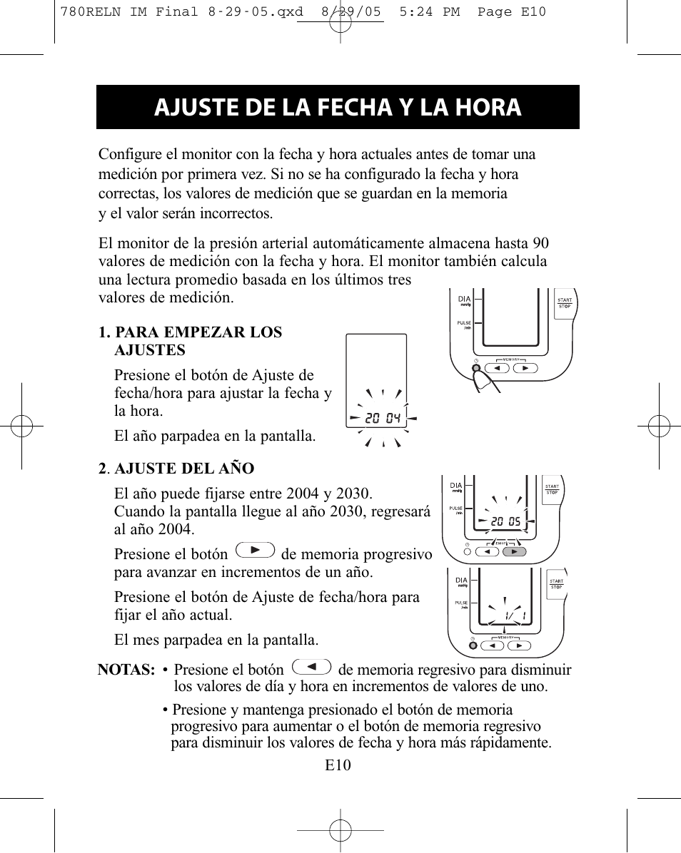 Ajuste de la fecha y la hora | ReliOn HEM-780REL User Manual | Page 38 / 56
