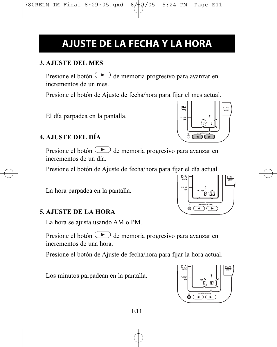Ajuste de la fecha y la hora | ReliOn HEM-780REL User Manual | Page 39 / 56