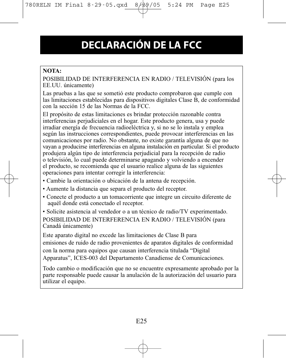 Declaración de la fcc | ReliOn HEM-780REL User Manual | Page 53 / 56