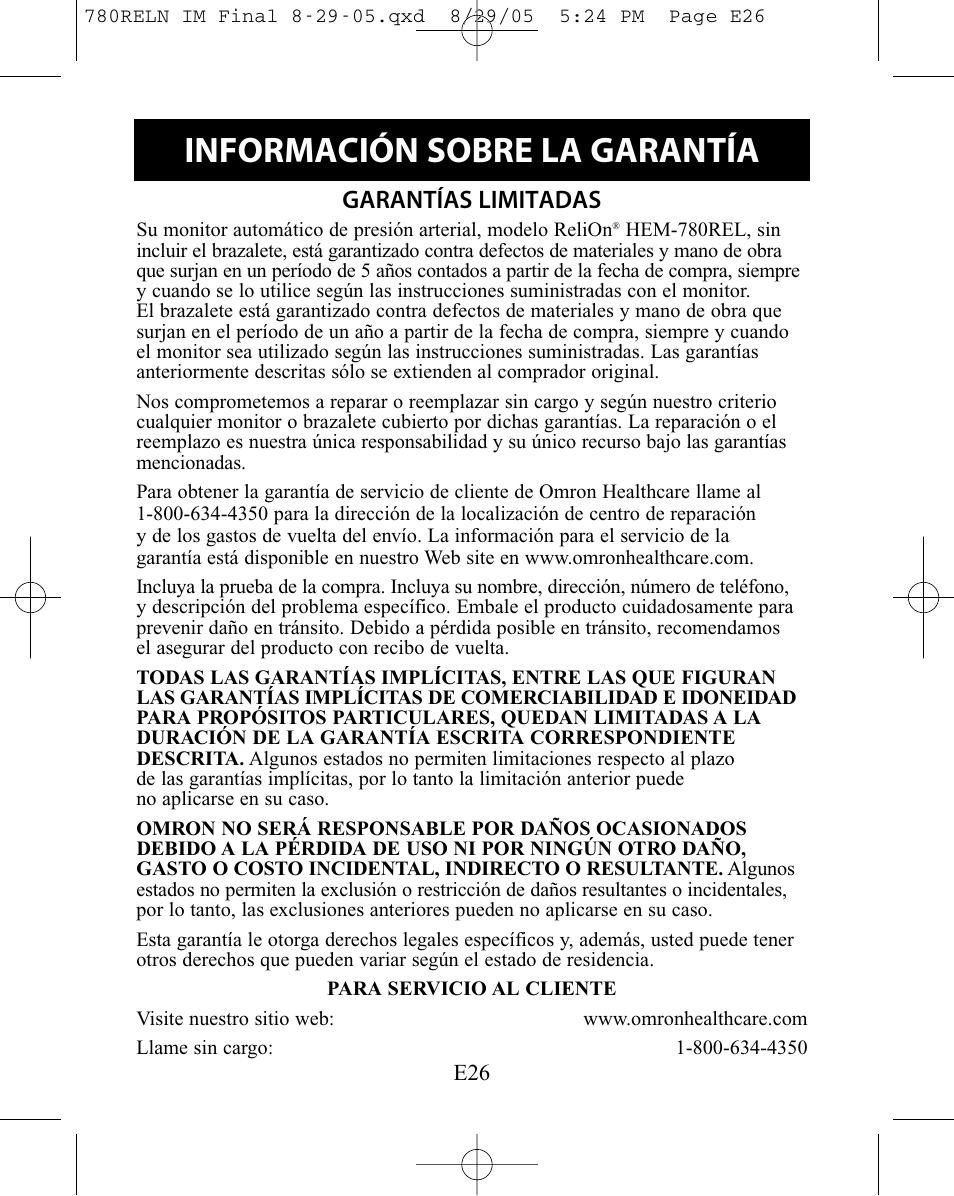 Información sobre la garantía, Garantías limitadas | ReliOn HEM-780REL User Manual | Page 54 / 56