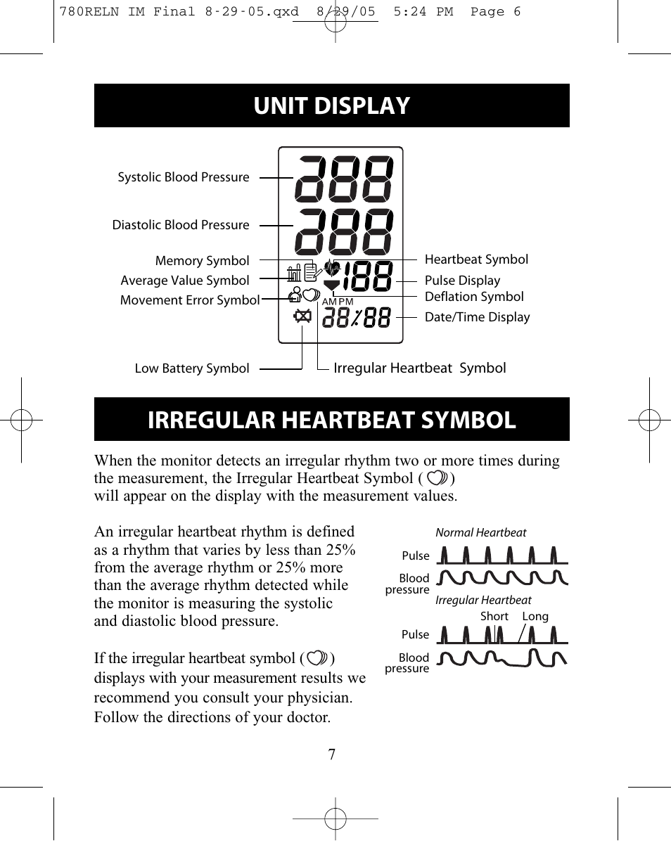 Unit display, Irregular heartbeat symbol | ReliOn HEM-780REL User Manual | Page 7 / 56