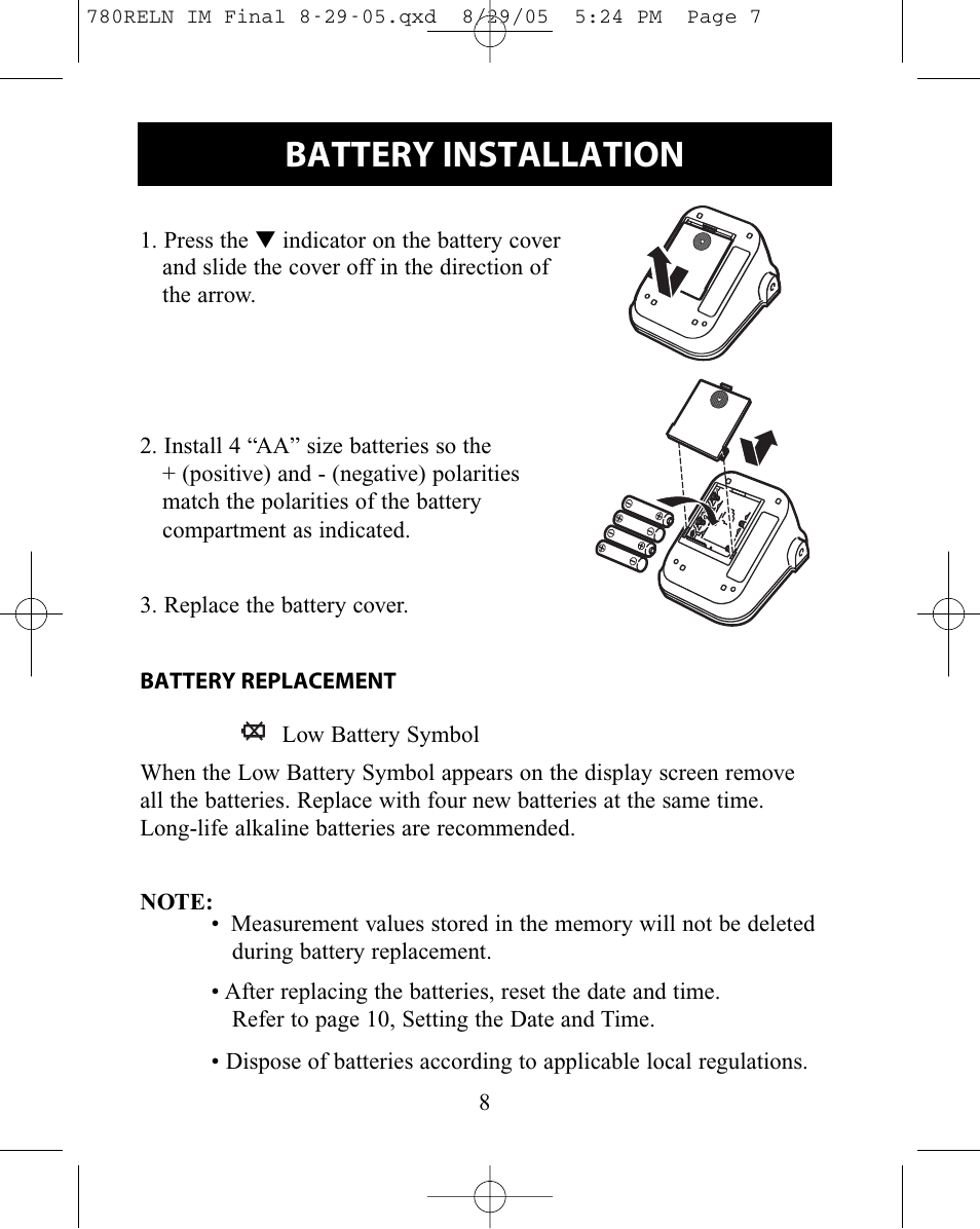 Battery installation | ReliOn HEM-780REL User Manual | Page 8 / 56