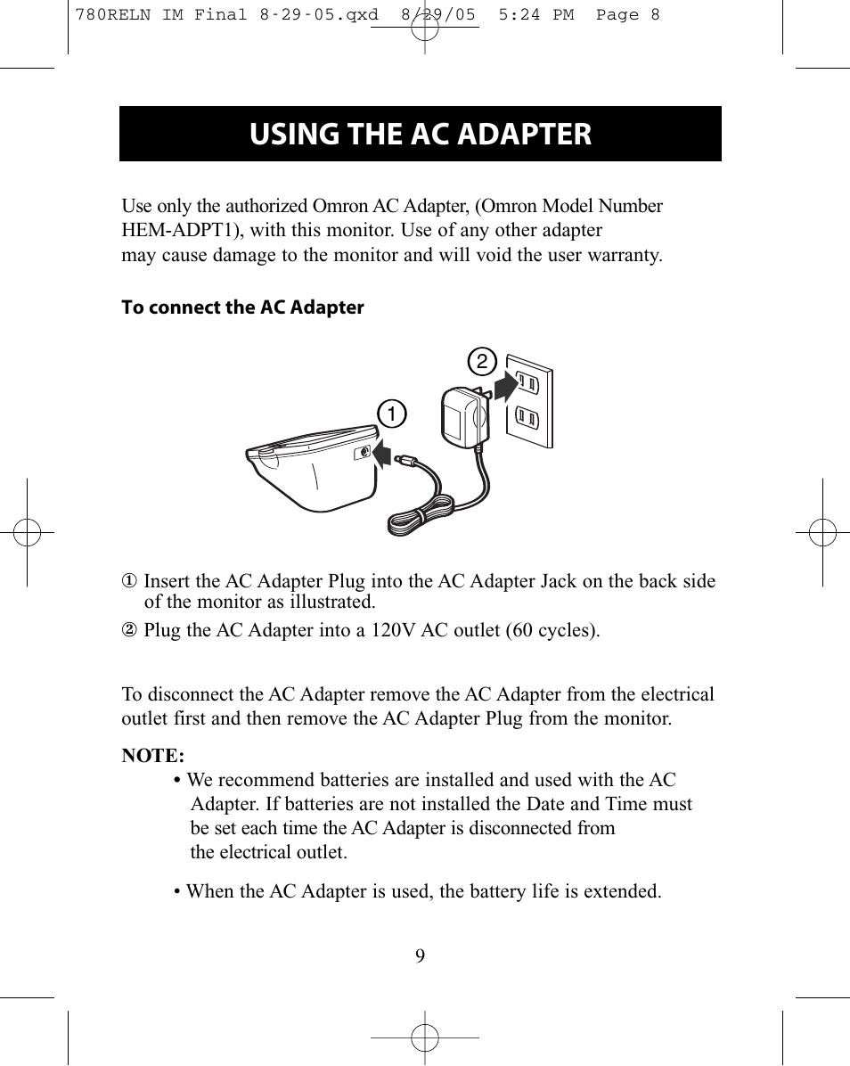 Using the ac adapter | ReliOn HEM-780REL User Manual | Page 9 / 56