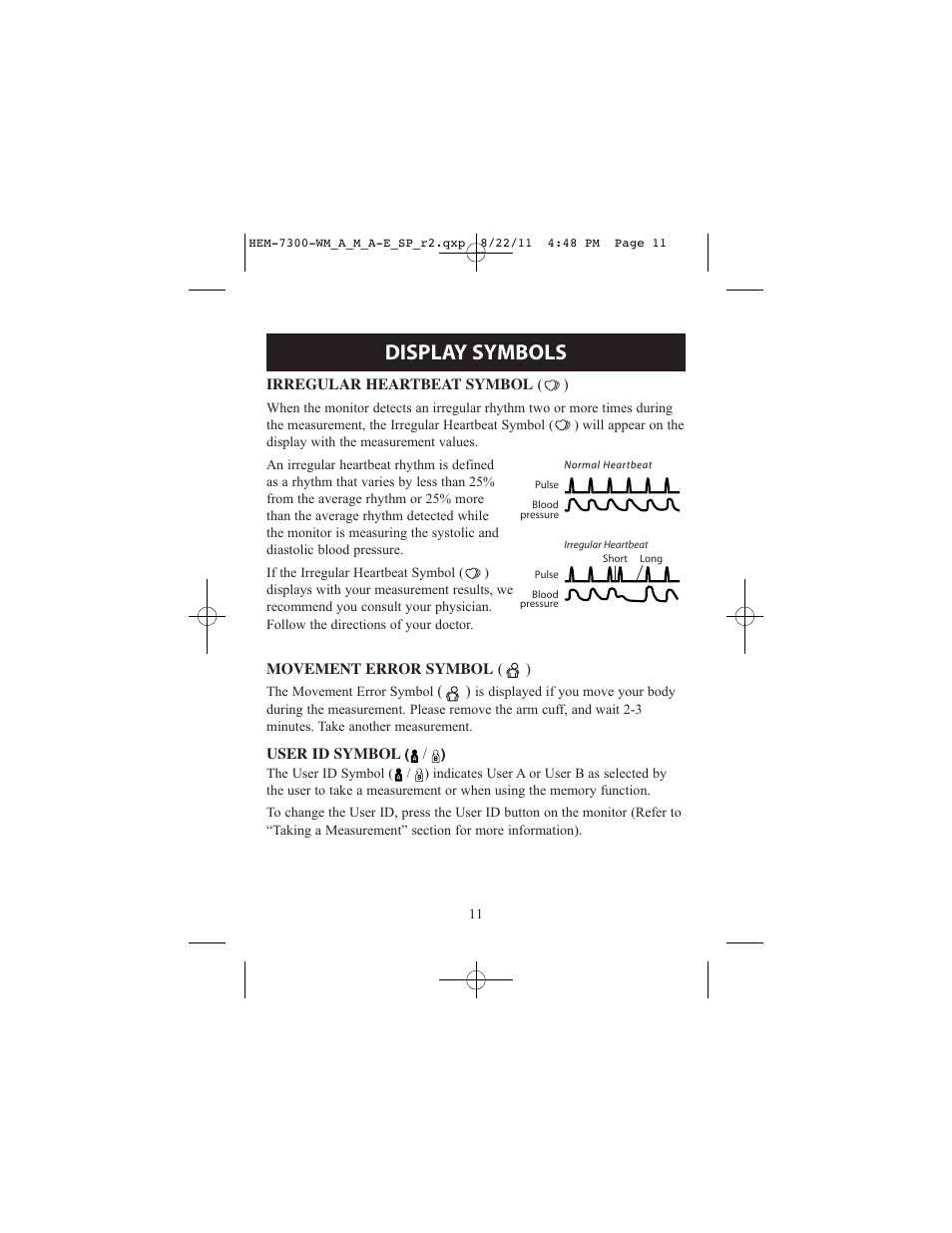 Display symbols | ReliOn Automatic Blood Pressure Monitor with Two Cuffs 7300REL User Manual | Page 11 / 88