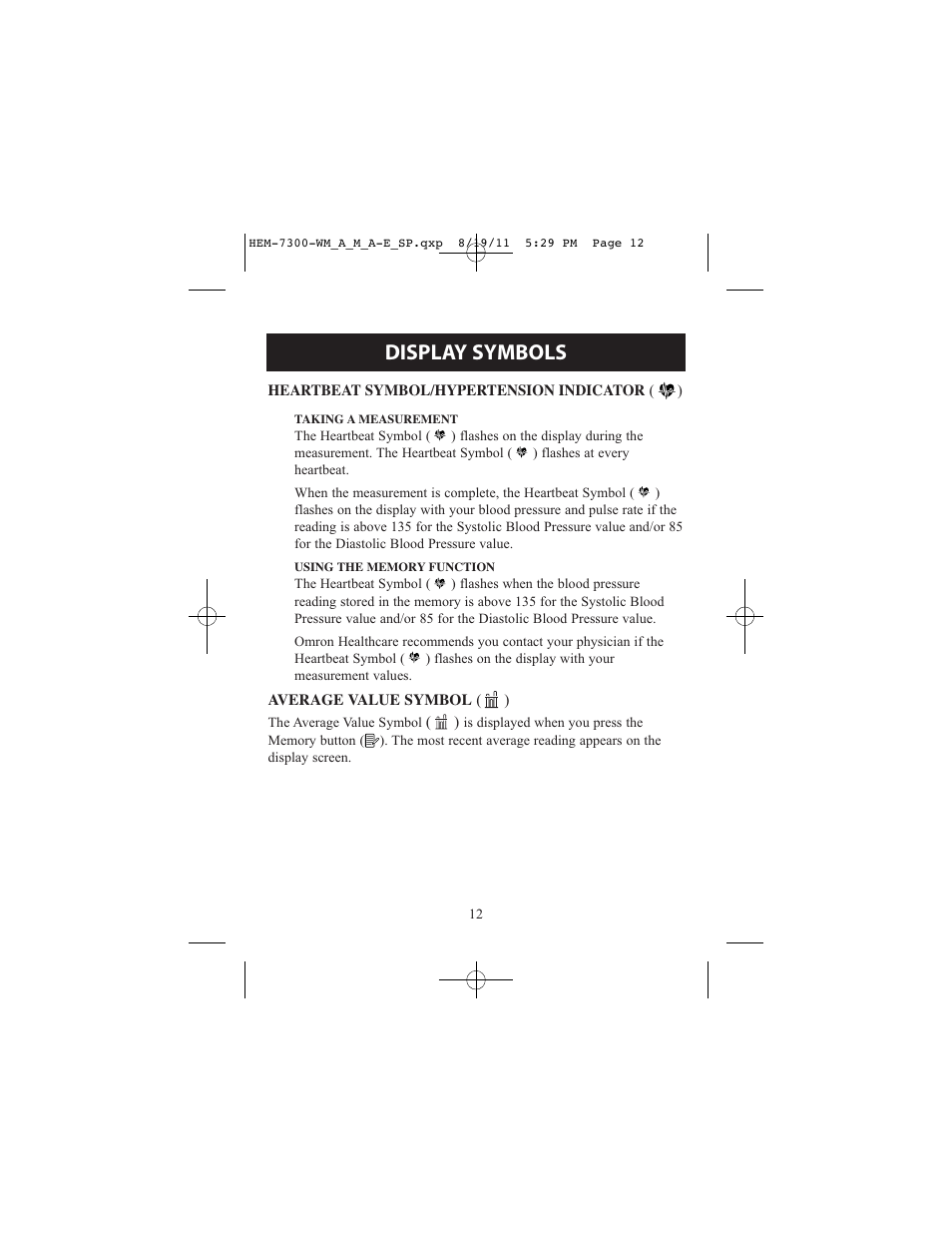 Display symbols | ReliOn Automatic Blood Pressure Monitor with Two Cuffs 7300REL User Manual | Page 12 / 88