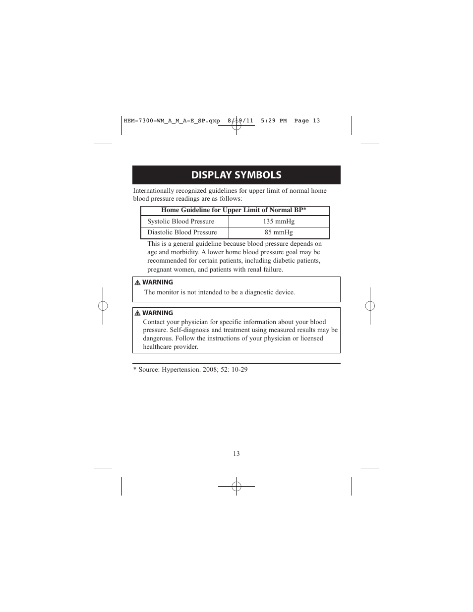 Display symbols | ReliOn Automatic Blood Pressure Monitor with Two Cuffs 7300REL User Manual | Page 13 / 88