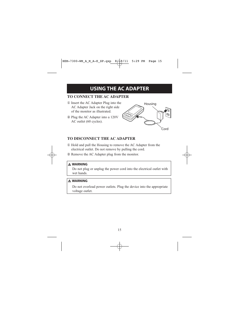 Using the ac adapter | ReliOn Automatic Blood Pressure Monitor with Two Cuffs 7300REL User Manual | Page 15 / 88