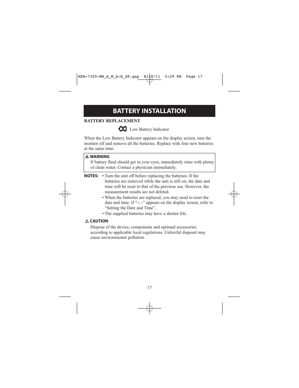 Battery installation | ReliOn Automatic Blood Pressure Monitor with Two Cuffs 7300REL User Manual | Page 17 / 88