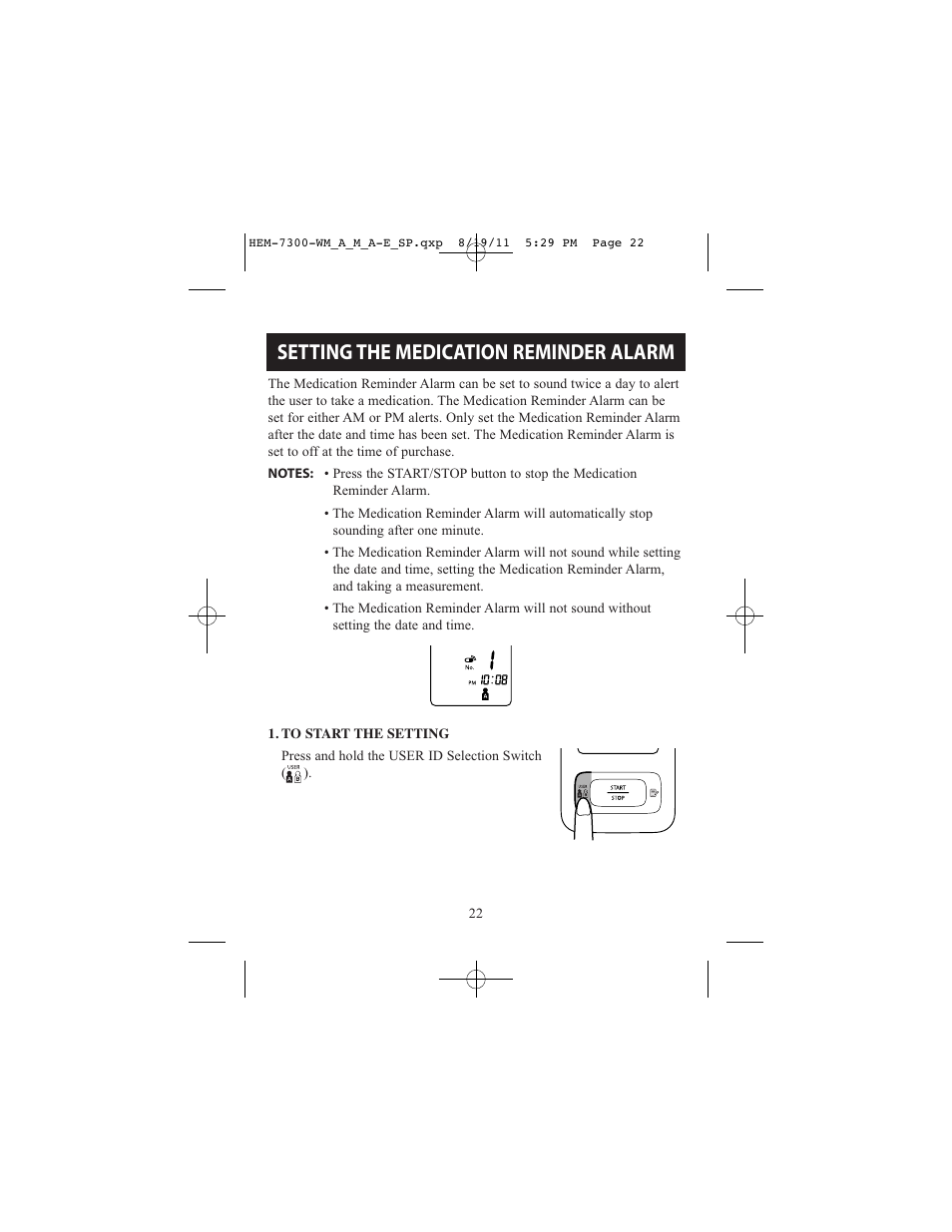 Setting the medication reminder alarm | ReliOn Automatic Blood Pressure Monitor with Two Cuffs 7300REL User Manual | Page 22 / 88