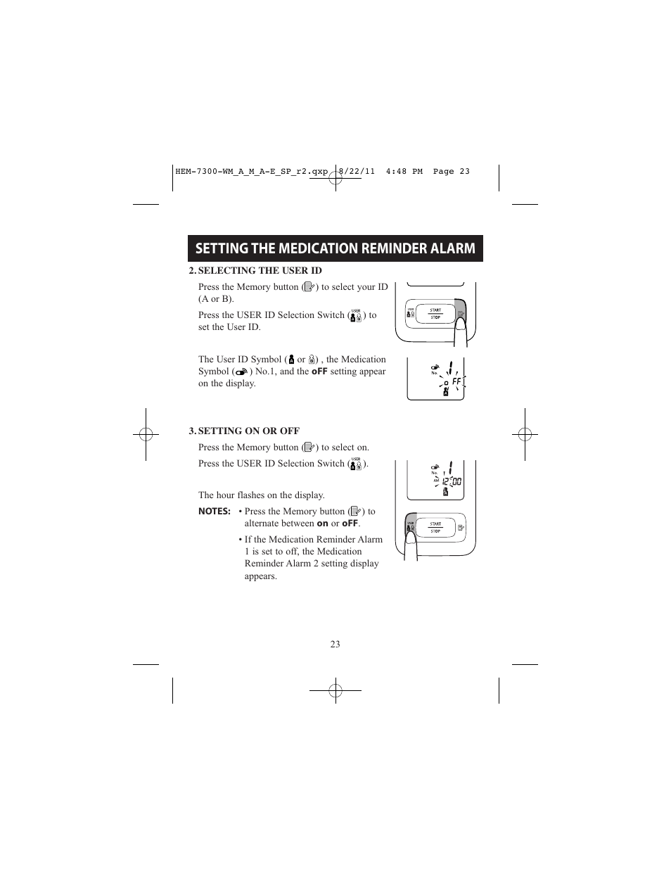 Setting the medication reminder alarm | ReliOn Automatic Blood Pressure Monitor with Two Cuffs 7300REL User Manual | Page 23 / 88